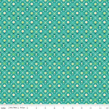 Image of Chasing Rainbows Cute as a Bug Vivid quilting cotton fabric by Leslie Ryan for Riley Blake Designs. Features flowers on a blue/green background. Cute Little Fabric Shop.
