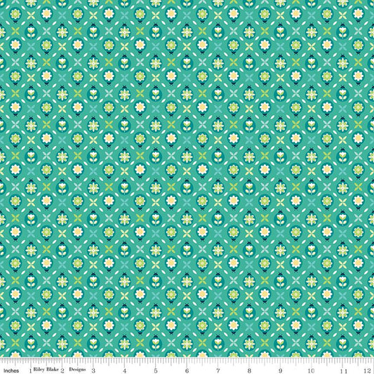 Image of Chasing Rainbows Cute as a Bug Vivid quilting cotton fabric by Leslie Ryan for Riley Blake Designs. Features flowers on a blue/green background. Cute Little Fabric Shop.