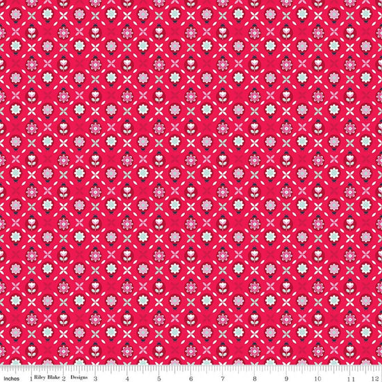 Image of Chasing Rainbows Cute as a Bug Fruit Punch quilting cotton fabric by Leslie Ryan for Riley Blake Designs. Features flowers on a red background. Cute Little Fabric Shop.
