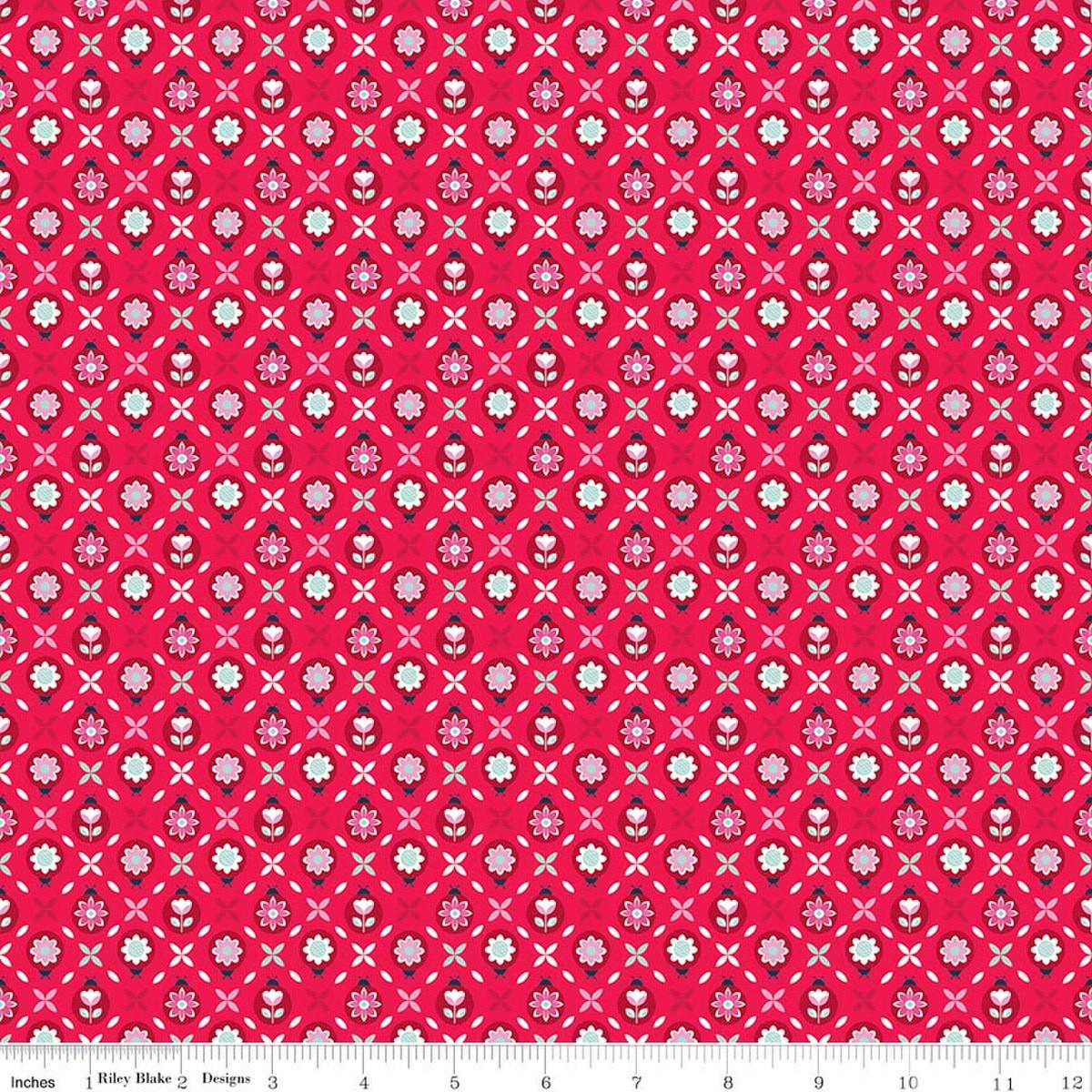 Image of Chasing Rainbows Cute as a Bug Fruit Punch quilting cotton fabric by Leslie Ryan for Riley Blake Designs. Features flowers on a red background. Cute Little Fabric Shop.