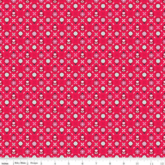 Image of Chasing Rainbows Cute as a Bug Fruit Punch quilting cotton fabric by Leslie Ryan for Riley Blake Designs. Features flowers on a red background. Cute Little Fabric Shop.