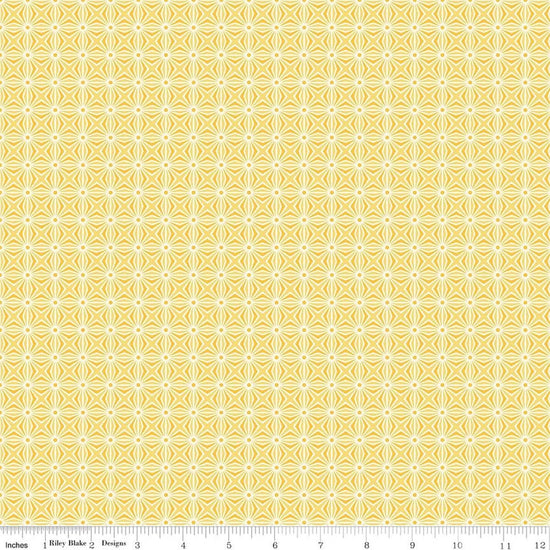 Image of Chasing Rainbow Interlink Yellow quilting cotton fabric by Leslie Ryan for Riley Blake Designs. Features a geometric pattern on a yellow background. Cute Little Fabric Shop.