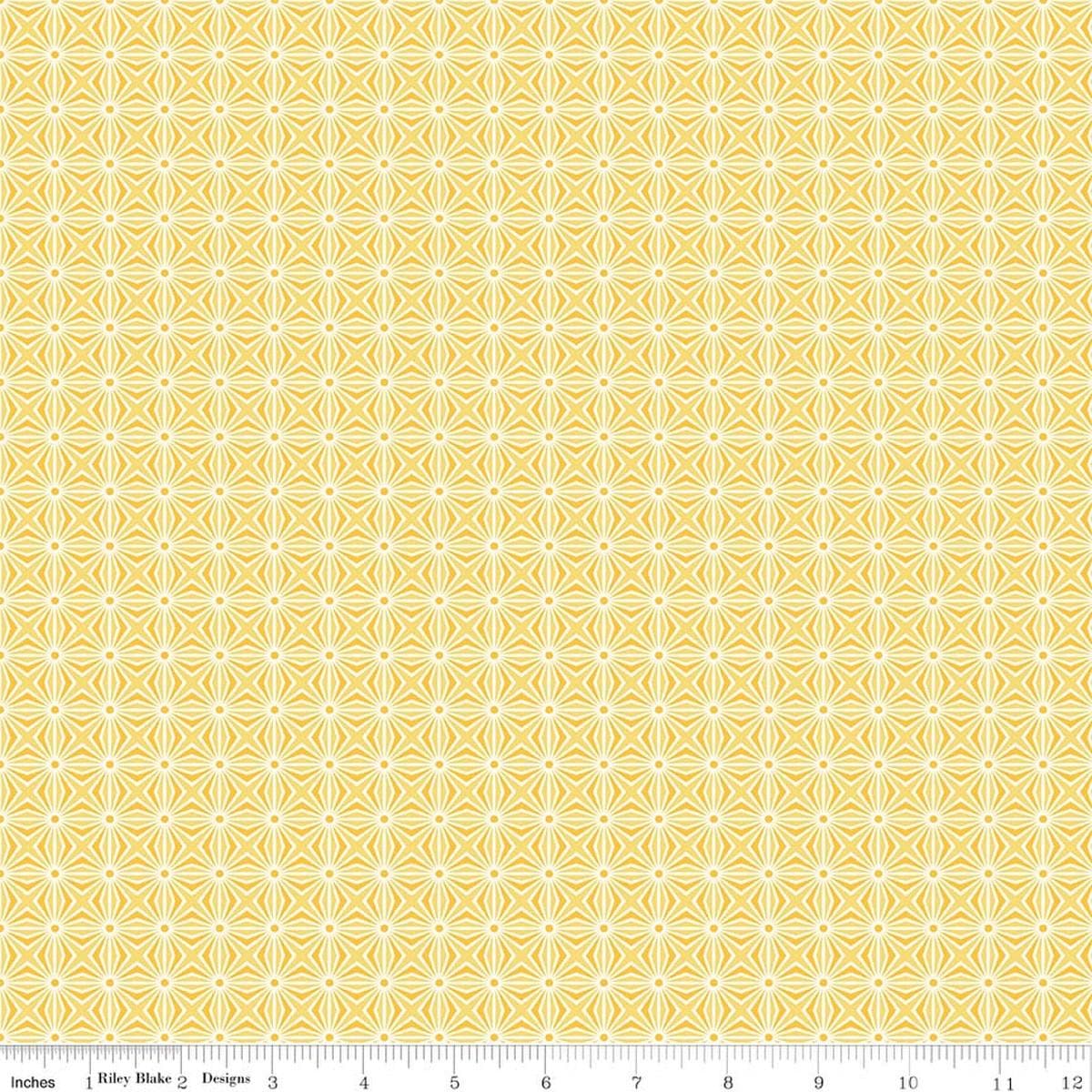 Image of Chasing Rainbow Interlink Yellow quilting cotton fabric by Leslie Ryan for Riley Blake Designs. Features a geometric pattern on a yellow background. Cute Little Fabric Shop.