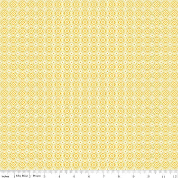 Image of Chasing Rainbow Interlink Yellow quilting cotton fabric by Leslie Ryan for Riley Blake Designs. Features a geometric pattern on a yellow background. Cute Little Fabric Shop.