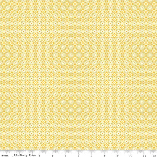 Image of Chasing Rainbow Interlink Yellow quilting cotton fabric by Leslie Ryan for Riley Blake Designs. Features a geometric pattern on a yellow background. Cute Little Fabric Shop.