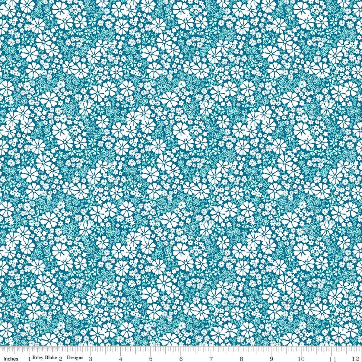 Image of Chasing Rainbows Everbloom Paradise quilting cotton fabric by Leslie Ryan for Riley Blake Designs. Features flowers on a blue background. Cute Little Fabric Shop.