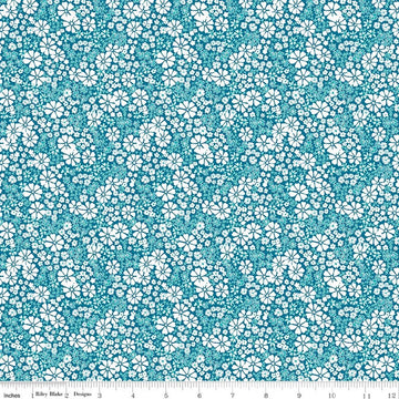 Image of Chasing Rainbows Everbloom Paradise quilting cotton fabric by Leslie Ryan for Riley Blake Designs. Features flowers on a blue background. Cute Little Fabric Shop.
