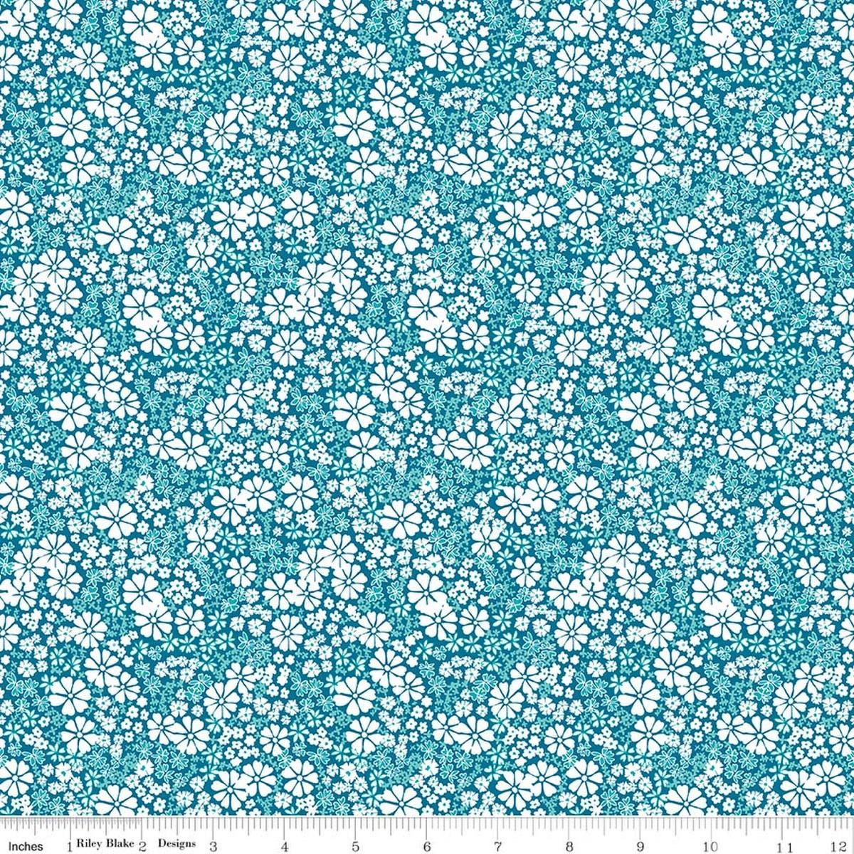 Image of Chasing Rainbows Everbloom Paradise quilting cotton fabric by Leslie Ryan for Riley Blake Designs. Features flowers on a blue background. Cute Little Fabric Shop.