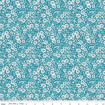 Image of Chasing Rainbows Everbloom Paradise quilting cotton fabric by Leslie Ryan for Riley Blake Designs. Features flowers on a blue background. Cute Little Fabric Shop.