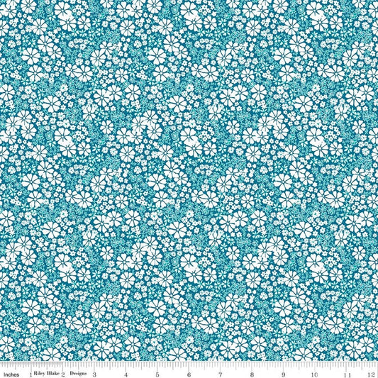 Image of Chasing Rainbows Everbloom Paradise quilting cotton fabric by Leslie Ryan for Riley Blake Designs. Features flowers on a blue background. Cute Little Fabric Shop.