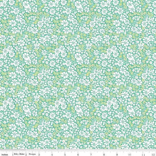 Image of Chasing Rainbows Everbloom Leaf quilting cotton fabric by Leslie Ryan for Riley Blake Designs. Features flowers on a green and blue background. Cute Little Fabric Shop.
