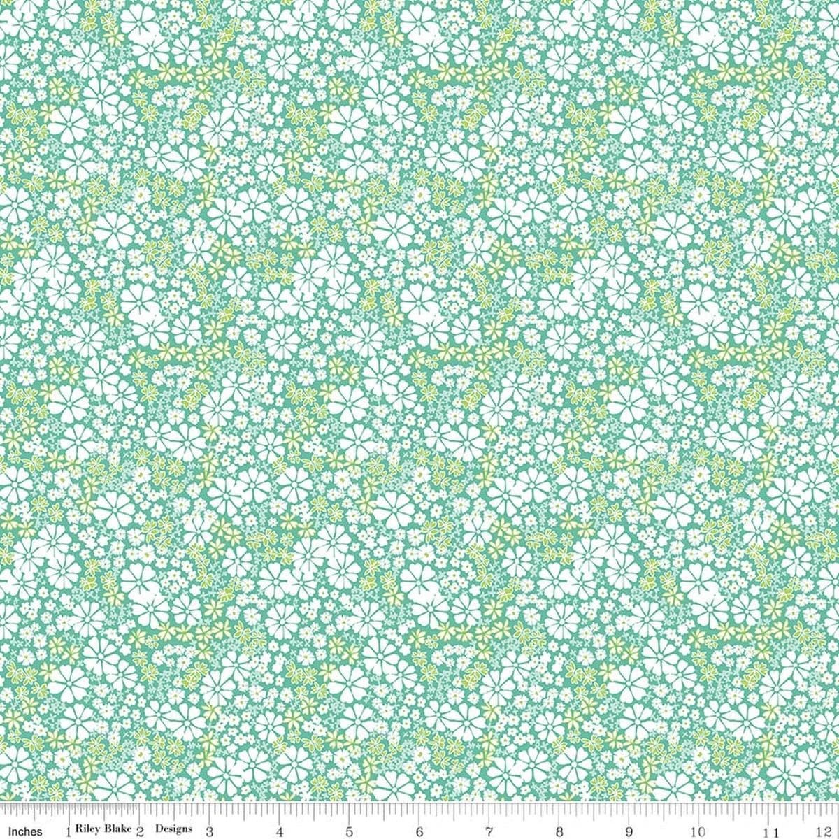 Image of Chasing Rainbows Everbloom Leaf quilting cotton fabric by Leslie Ryan for Riley Blake Designs. Features flowers on a green and blue background. Cute Little Fabric Shop.
