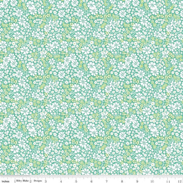 Image of Chasing Rainbows Everbloom Leaf quilting cotton fabric by Leslie Ryan for Riley Blake Designs. Features flowers on a green and blue background. Cute Little Fabric Shop.