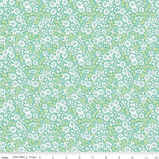 Image of Chasing Rainbows Everbloom Leaf quilting cotton fabric by Leslie Ryan for Riley Blake Designs. Features flowers on a green and blue background. Cute Little Fabric Shop.