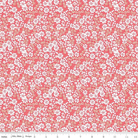 Image of Chasing Rainbows Everbloom Guava quilting cotton fabric by Leslie Ryan for Riley Blake Designs. Features flowers on a red background. Cute Little Fabric Shop.