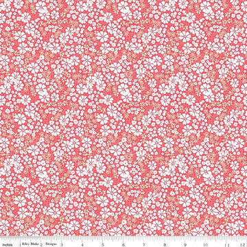 Image of Chasing Rainbows Everbloom Guava quilting cotton fabric by Leslie Ryan for Riley Blake Designs. Features flowers on a red background. Cute Little Fabric Shop.