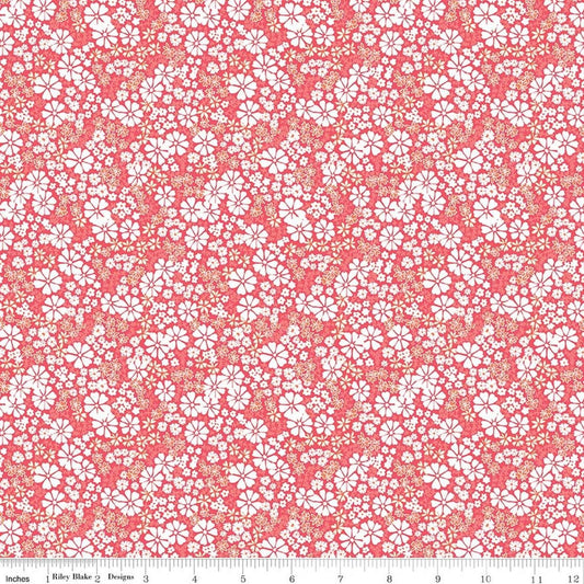 Image of Chasing Rainbows Everbloom Guava quilting cotton fabric by Leslie Ryan for Riley Blake Designs. Features flowers on a red background. Cute Little Fabric Shop.