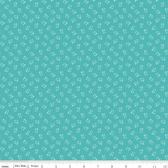 Image of Chasing Rainbows Scattered Stems Cottage quilting cotton fabric by Leslie Ryan for Riley Blake Designs. Features flowers on a blue background. Cute Little Fabric Shop.