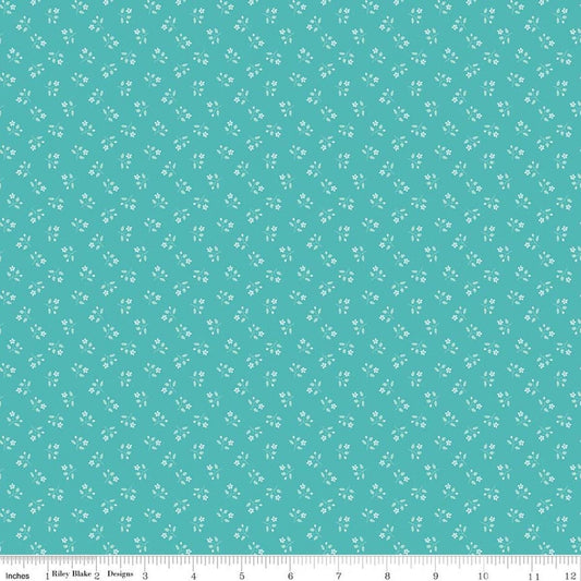 Image of Chasing Rainbows Scattered Stems Cottage quilting cotton fabric by Leslie Ryan for Riley Blake Designs. Features flowers on a blue background. Cute Little Fabric Shop.