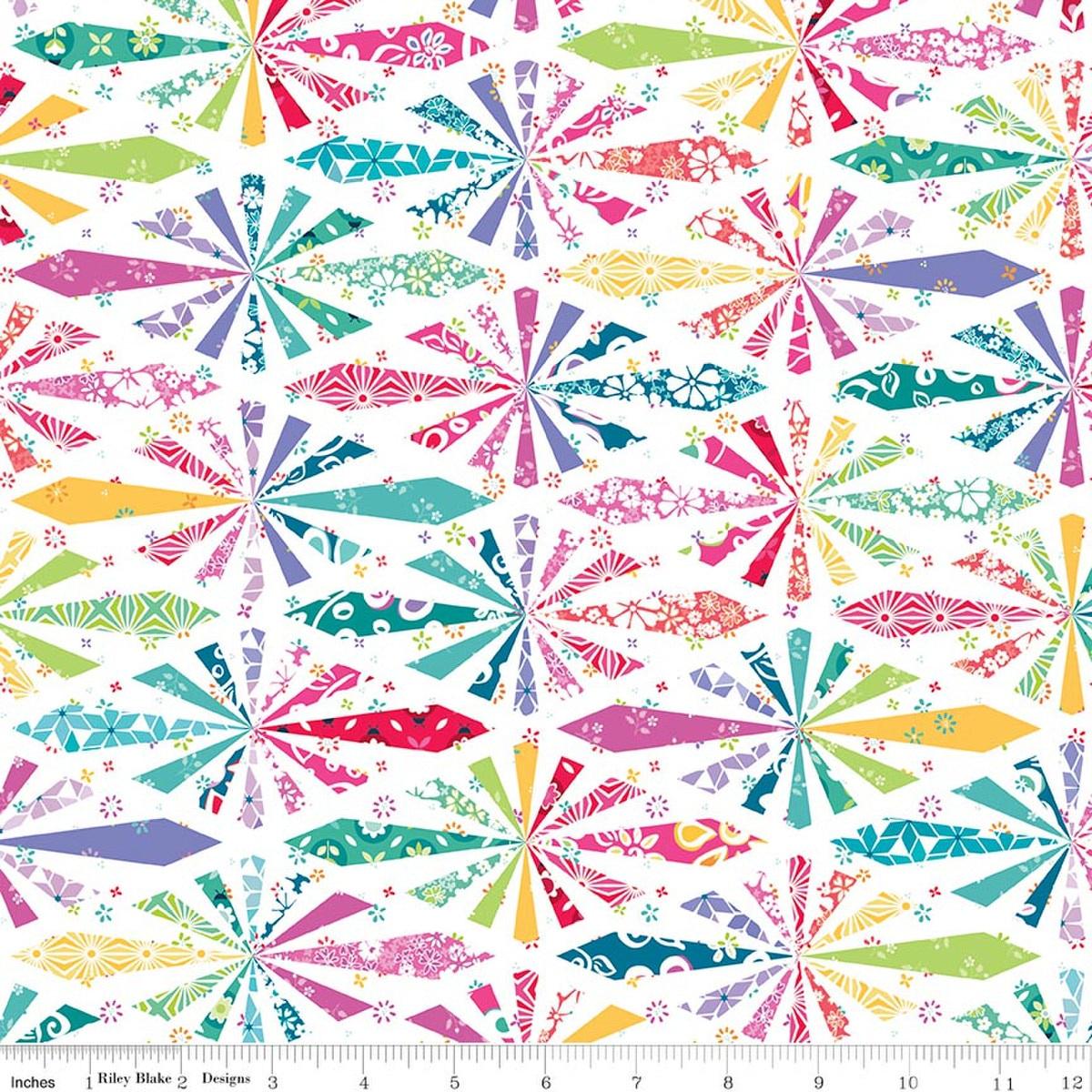Image of Chasing Rainbows Cheater Print Multi quilting cotton fabric by Leslie Ryan for Riley Blakes Designs. Features diamonds on a white background. Cute Little Fabric Shop.