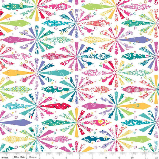 Image of Chasing Rainbows Cheater Print Multi quilting cotton fabric by Leslie Ryan for Riley Blakes Designs. Features diamonds on a white background. Cute Little Fabric Shop.