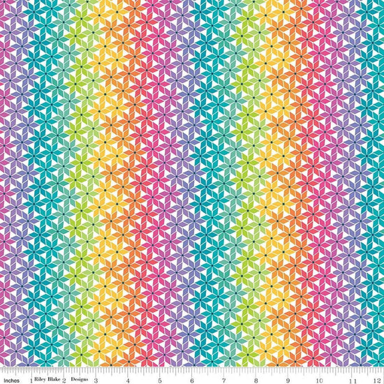 Image of Chasing Rainbows Stellar Weave Rainbow quilting cotton fabric by Leslie Ryan for Riley Blake Designs. Features stars on a rainbow background. Cute Little Fabric Shop.