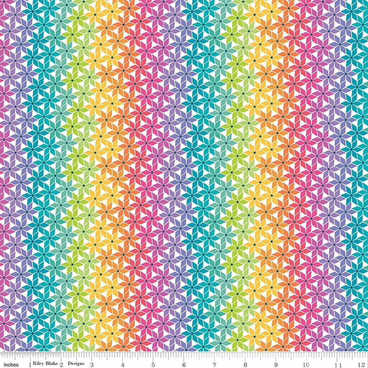 Image of Chasing Rainbows Stellar Weave Rainbow quilting cotton fabric by Leslie Ryan for Riley Blake Designs. Features stars on a rainbow background. Cute Little Fabric Shop.