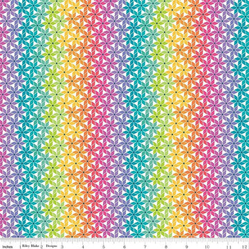 Image of Chasing Rainbows Stellar Weave Rainbow quilting cotton fabric by Leslie Ryan for Riley Blake Designs. Features stars on a rainbow background. Cute Little Fabric Shop.