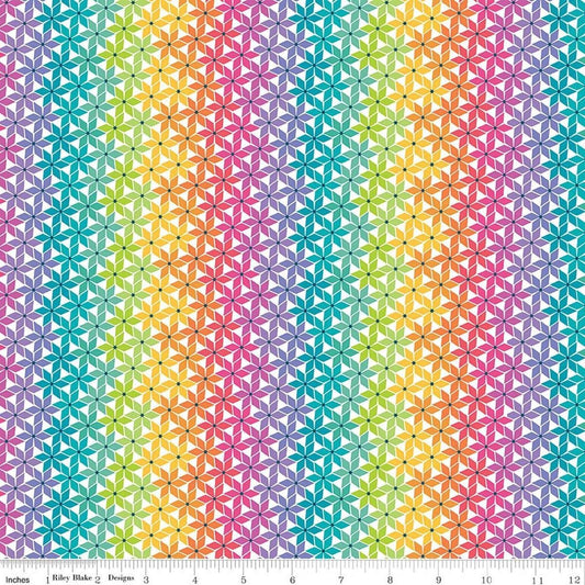 Image of Chasing Rainbows Stellar Weave Rainbow quilting cotton fabric by Leslie Ryan for Riley Blake Designs. Features stars on a rainbow background. Cute Little Fabric Shop.