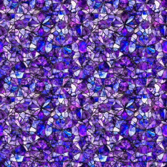 Image of Lumenique Mosaic Blender Violet quilting cotton fabric by Dan Morris for QT Fabrics. Features a printed stained glass pattern on a purple background. Cute Little Fabric Shop.