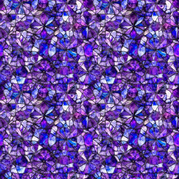 Image of Lumenique Mosaic Blender Violet quilting cotton fabric by Dan Morris for QT Fabrics. Features a printed stained glass pattern on a purple background. Cute Little Fabric Shop.