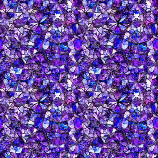 Image of Lumenique Mosaic Blender Violet quilting cotton fabric by Dan Morris for QT Fabrics. Features a printed stained glass pattern on a purple background. Cute Little Fabric Shop.