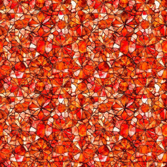 Image of Lumenique Mosaic Blender Tomato quilting cotton fabric by Dan Morris for QT Fabrics. Features a printed stained glass pattern on a red background. Cute Little Fabric Shop.