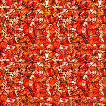 Image of Lumenique Mosaic Blender Tomato quilting cotton fabric by Dan Morris for QT Fabrics. Features a printed stained glass pattern on a red background. Cute Little Fabric Shop.