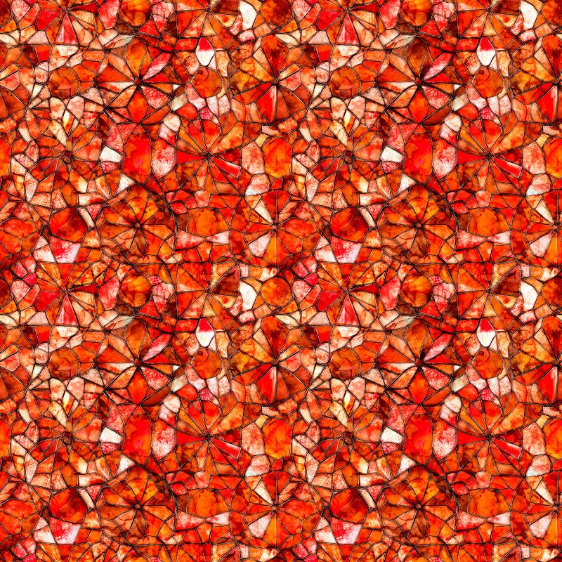 Image of Lumenique Mosaic Blender Tomato quilting cotton fabric by Dan Morris for QT Fabrics. Features a printed stained glass pattern on a red background. Cute Little Fabric Shop.