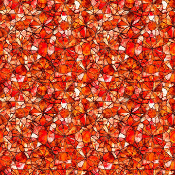 Image of Lumenique Mosaic Blender Tomato quilting cotton fabric by Dan Morris for QT Fabrics. Features a printed stained glass pattern on a red background. Cute Little Fabric Shop.