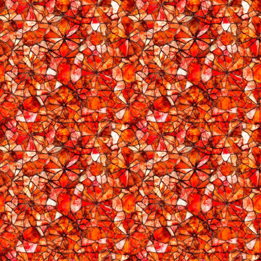 Image of Lumenique Mosaic Blender Tomato quilting cotton fabric by Dan Morris for QT Fabrics. Features a printed stained glass pattern on a red background. Cute Little Fabric Shop.