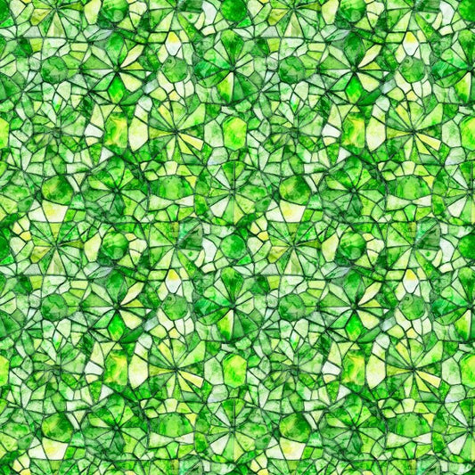 Image of Lumenique Mosaic Blender Lime quilting cotton fabric by Dan Morris for QT Fabrics. Features a printed stained glass pattern on a green background. Cute Little Fabric Shop.