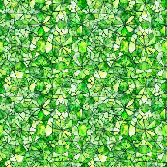 Image of Lumenique Mosaic Blender Lime quilting cotton fabric by Dan Morris for QT Fabrics. Features a printed stained glass pattern on a green background. Cute Little Fabric Shop.