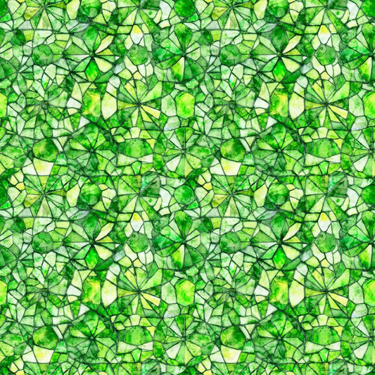 Image of Lumenique Mosaic Blender Lime quilting cotton fabric by Dan Morris for QT Fabrics. Features a printed stained glass pattern on a green background. Cute Little Fabric Shop.