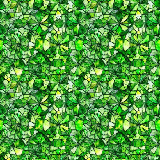 Image of Lumenique Mosaic Blender Kelly Green quilting cotton fabric by Dan Morris for QT Fabrics. Features a printed stained glass pattern on a green background. Cute Little Fabric Shop.