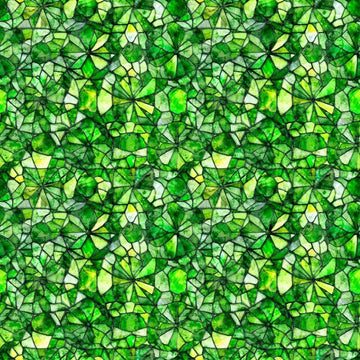 Image of Lumenique Mosaic Blender Kelly Green quilting cotton fabric by Dan Morris for QT Fabrics. Features a printed stained glass pattern on a green background. Cute Little Fabric Shop.