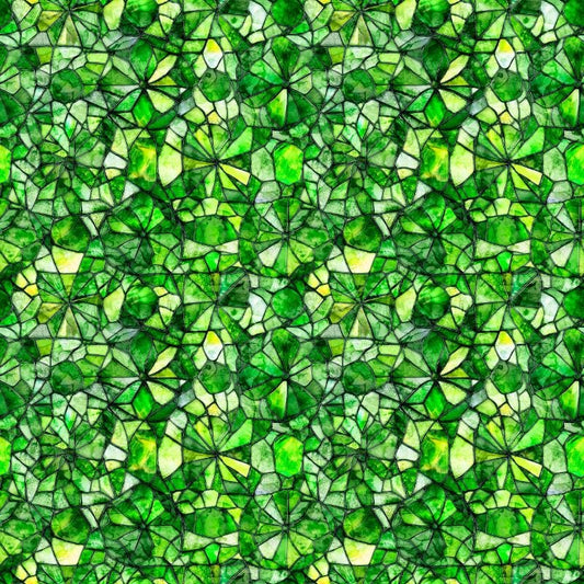 Image of Lumenique Mosaic Blender Kelly Green quilting cotton fabric by Dan Morris for QT Fabrics. Features a printed stained glass pattern on a green background. Cute Little Fabric Shop.