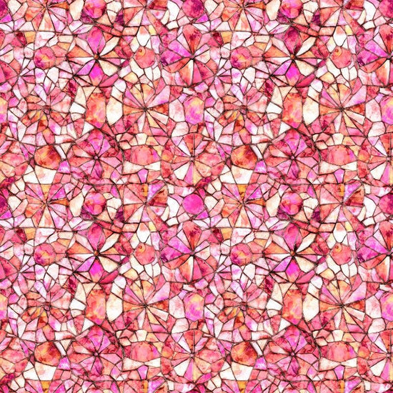 Image of Lumenique Mosaic Blender Pink quilting cotton fabric by Dan Morris for QT Fabrics. Features a printed stained glass pattern on a pink background. Cute Little Fabric Shop.