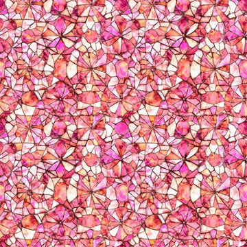 Image of Lumenique Mosaic Blender Pink quilting cotton fabric by Dan Morris for QT Fabrics. Features a printed stained glass pattern on a pink background. Cute Little Fabric Shop.