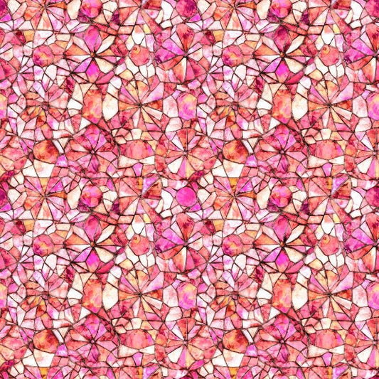 Image of Lumenique Mosaic Blender Pink quilting cotton fabric by Dan Morris for QT Fabrics. Features a printed stained glass pattern on a pink background. Cute Little Fabric Shop.