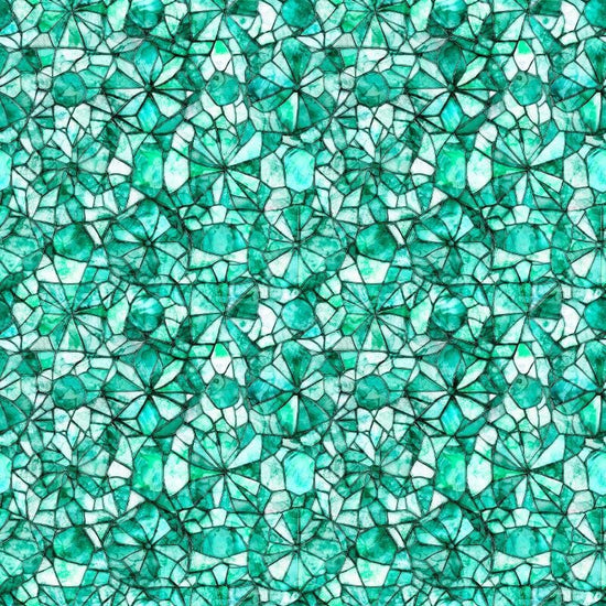 Image of Lumenique Mosaic Blender Turquoise quilting cotton fabric by Dan Morris for QT Fabrics. Features a printed stained glass pattern on a blue background. Cute Little Fabric Shop.