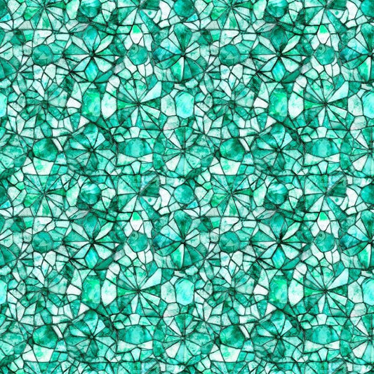 Image of Lumenique Mosaic Blender Turquoise quilting cotton fabric by Dan Morris for QT Fabrics. Features a printed stained glass pattern on a blue background. Cute Little Fabric Shop.