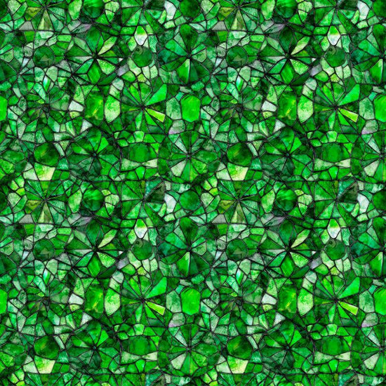 Image of Lumenique Mosaic Blender Green quilting cotton fabric by Dan Morris for QT Fabrics. Features a printed stained glass pattern on a green background. Cute Little Fabric Shop.