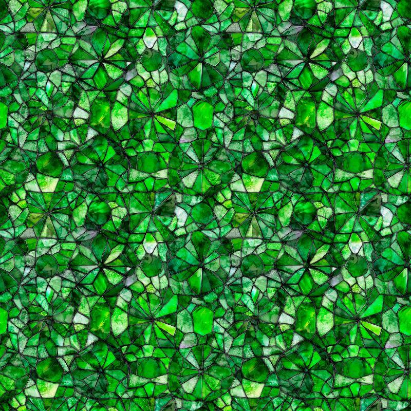 Image of Lumenique Mosaic Blender Green quilting cotton fabric by Dan Morris for QT Fabrics. Features a printed stained glass pattern on a green background. Cute Little Fabric Shop.